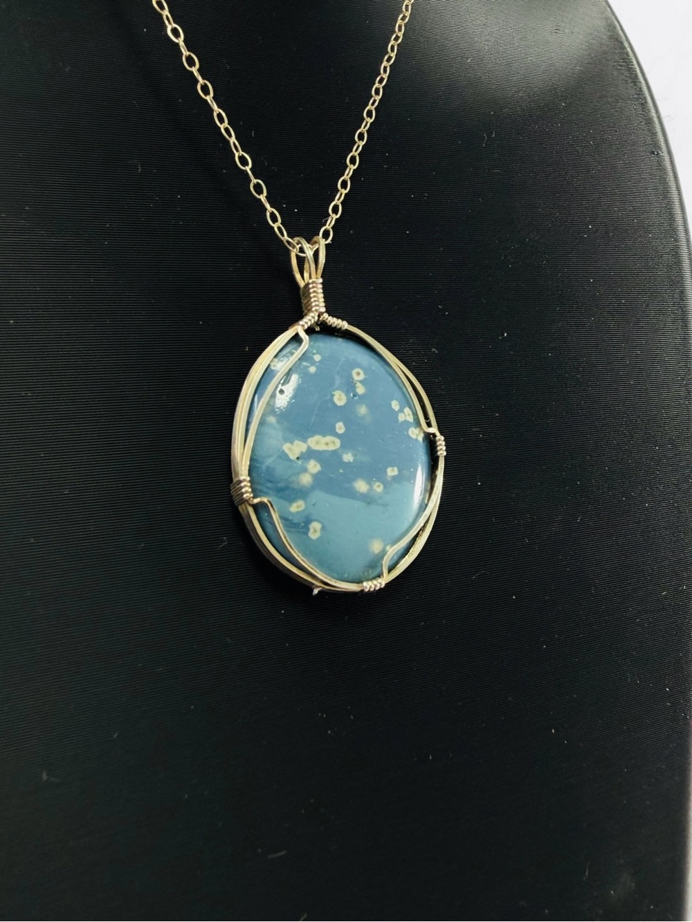 Leland Slag Blue White Glass Sterling Silver Wire Wrapped Pendant Necklace 20”